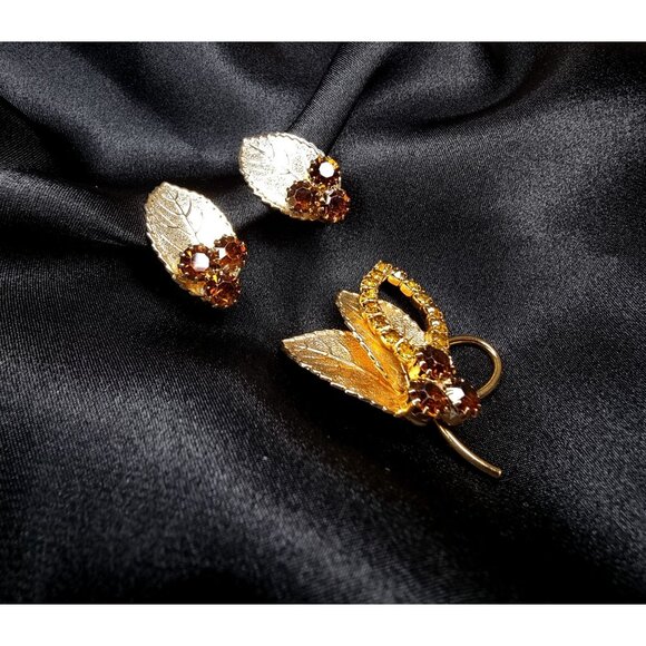 Vintage Judy Lee Gold Leaf Brooch & Clip-On Earrings Set With Amber Rhinestones - Picture 3 of 5